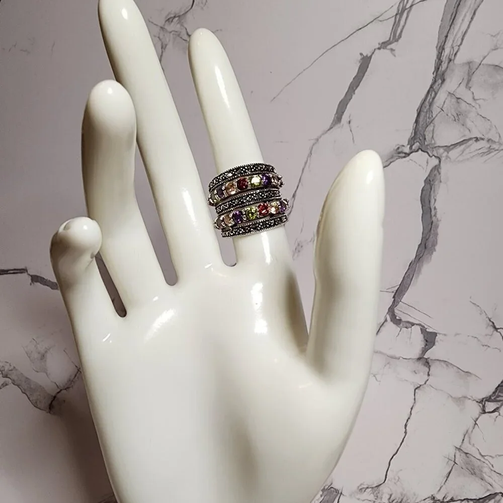 Vintage Silver Multi-gemstone Marcasite Ring